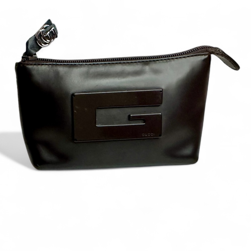 Authentic Gucci Brown Leather Square G Monogram Makeup Cosmetic Bag Pouch